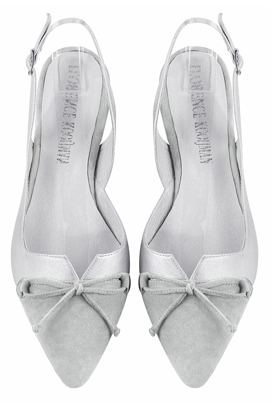 Pearl grey and light silver women's open back shoes, with a knot. Tapered toe. Low comma heels. Top view - Florence KOOIJMAN